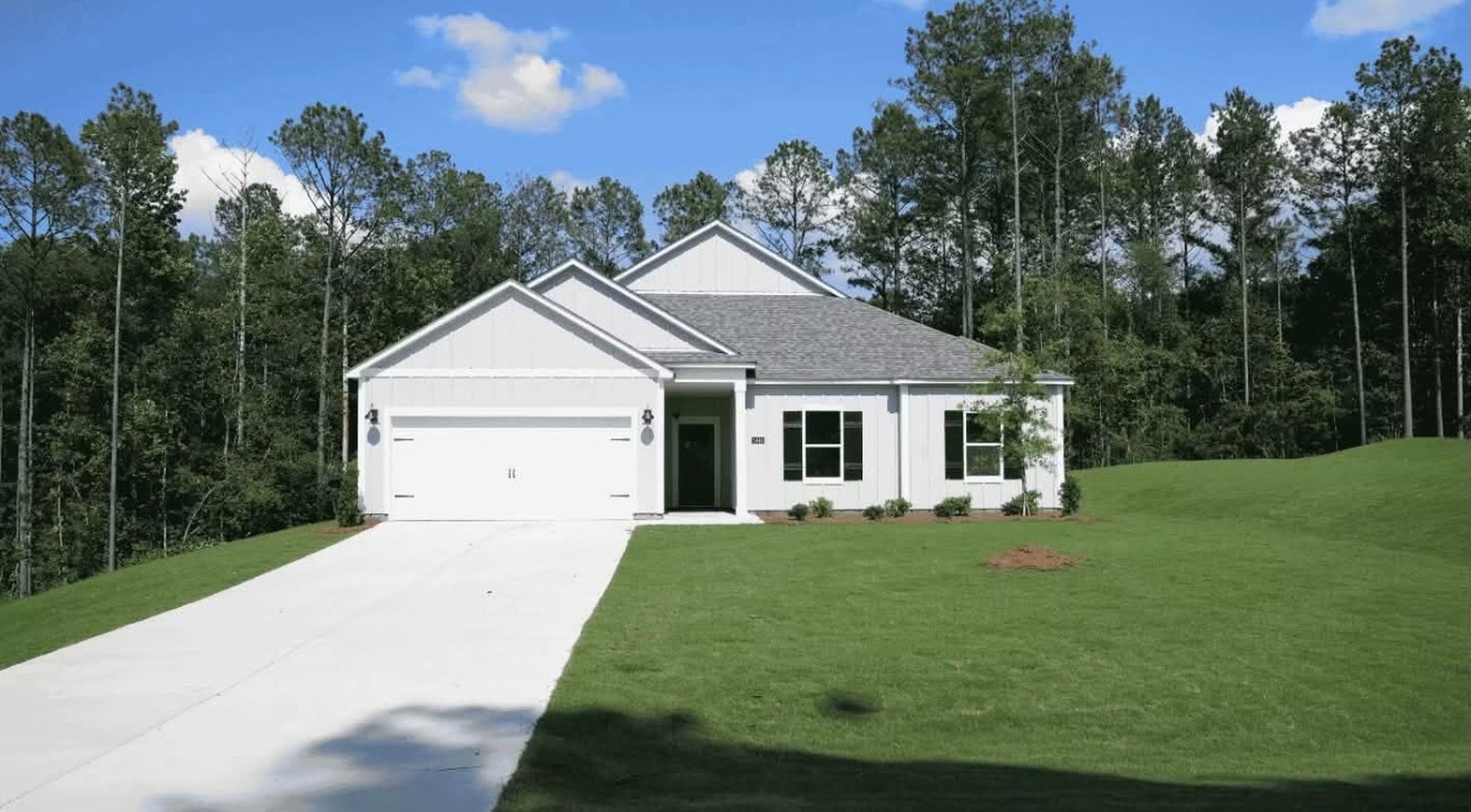 New construction ranch home with a freshly sodded sloped front lawn and mature pines behind